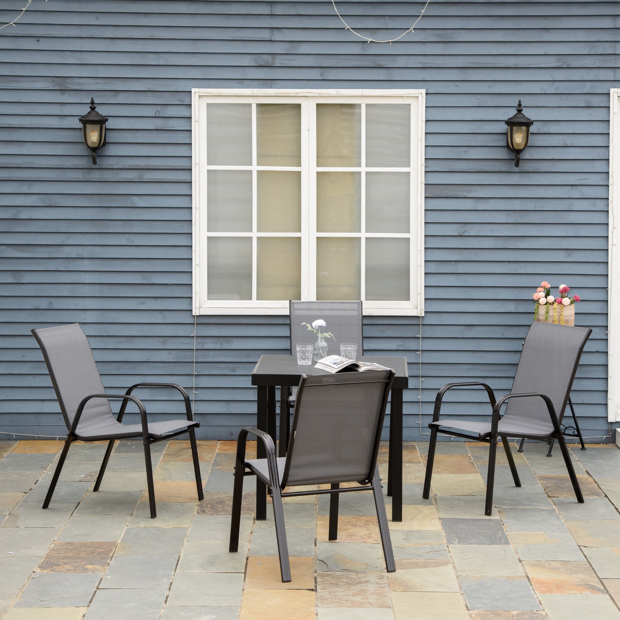 Set of 4 Garden Chairs Outdoor Terrace Chairs Stackable Dining Chair with Breathable Fabric Metal Frame Armrests and Backrest 54x75.5x95 cm Dark Gray