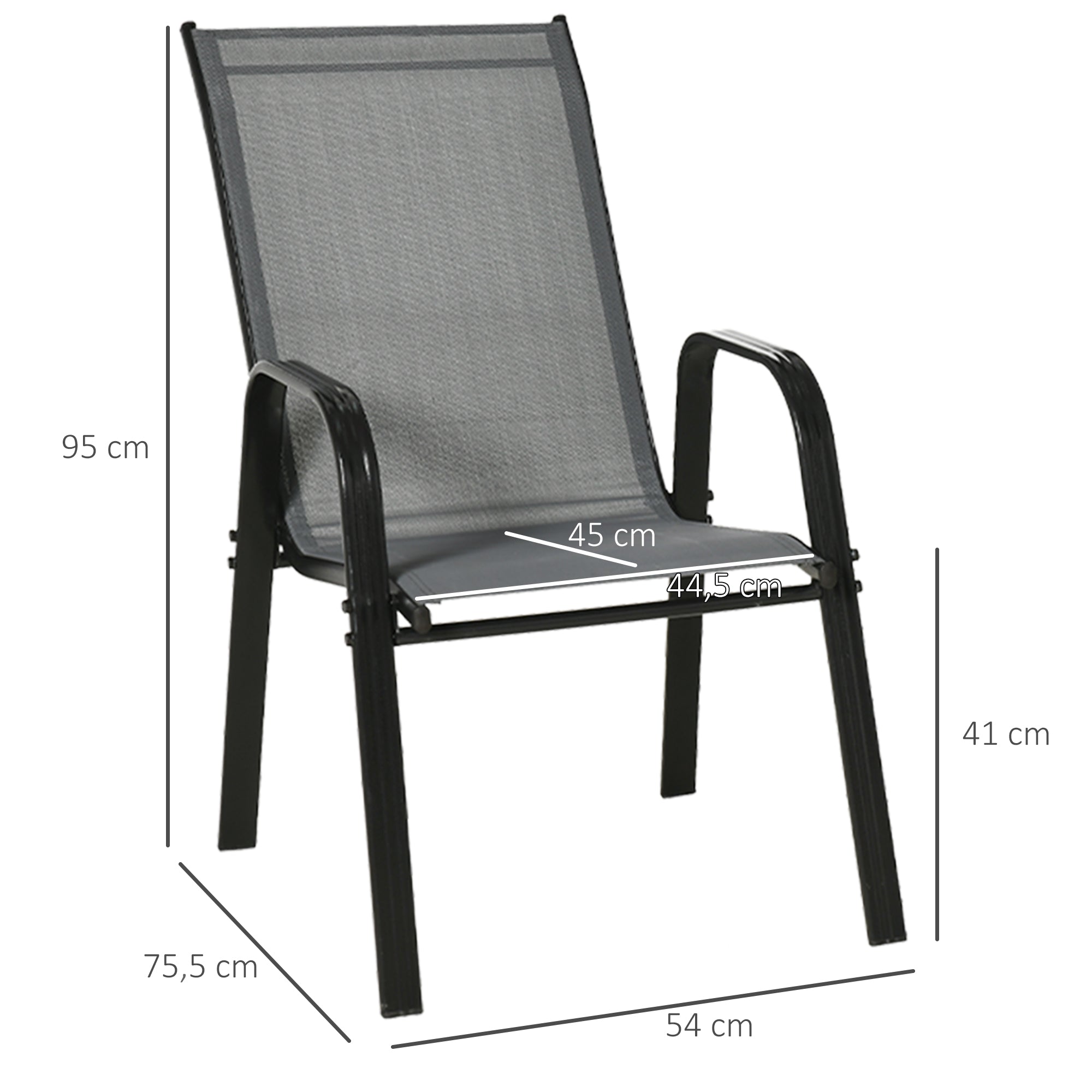 Set of 4 Garden Chairs Outdoor Terrace Chairs Stackable Dining Chair with Breathable Fabric Metal Frame Armrests and Backrest 54x75.5x95 cm Dark Gray