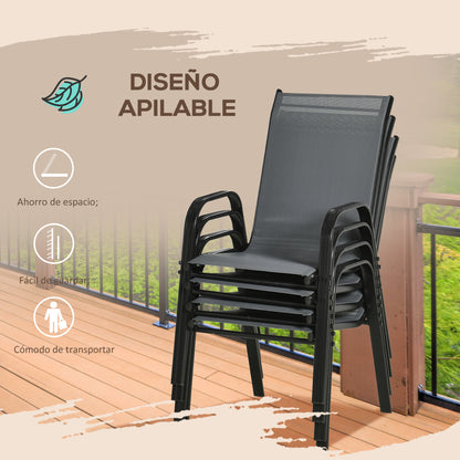 Set of 4 Garden Chairs Outdoor Terrace Chairs Stackable Dining Chair with Breathable Fabric Metal Frame Armrests and Backrest 54x75.5x95 cm Dark Gray