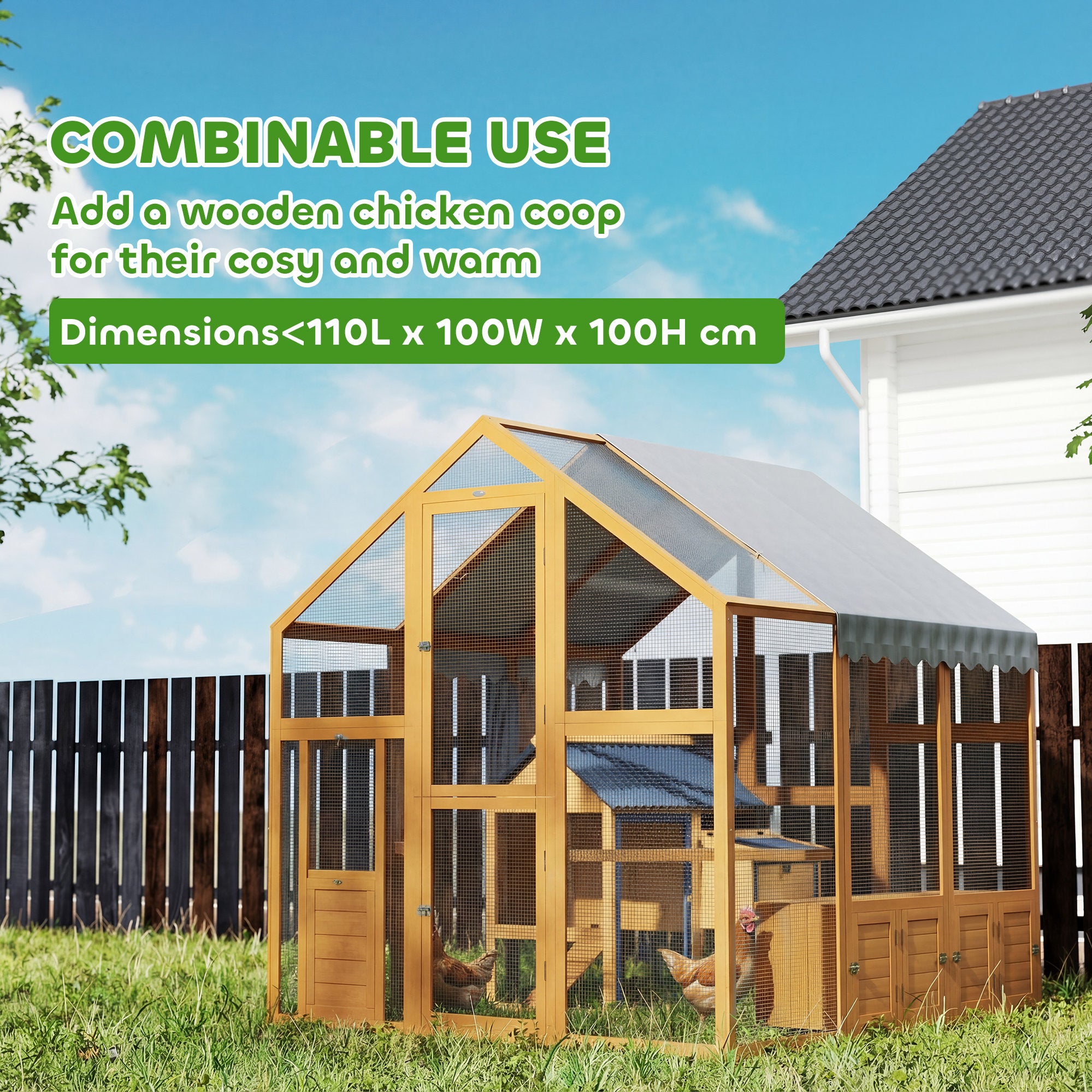 Walk-In Chicken Run, 3.07 m² (33 sq ft) — 1.7 x 1.8 x 1.8 m (5.6 x 5.9 x 5.9 ft) Wooden Run with Waterproof Cover, Safety Lock, Double Door, 2 Nest Boxes, 2 Perches — Fits 6–8 Chickens, Ducks, Geese, Rabbits