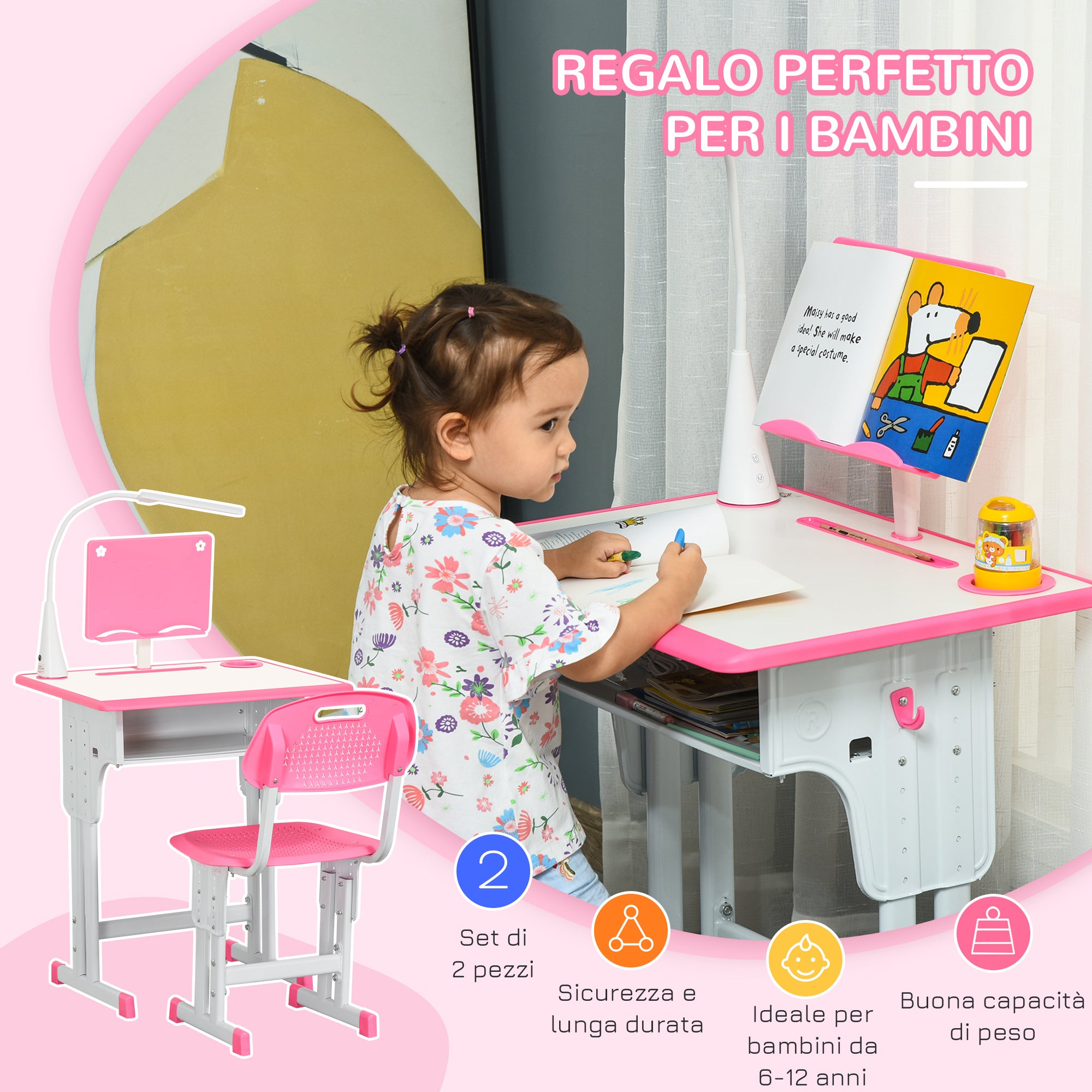 Children's Desk and Chair Set for 6-12 Years with LED Lamp, Bookstand, and Shelf, Desk with Chair for Kids in PP, Steel, and MDF, Pink