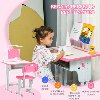 Children's Desk and Chair Set for 6-12 Years with LED Lamp, Bookstand, and Shelf, Desk with Chair for Kids in PP, Steel, and MDF, Pink