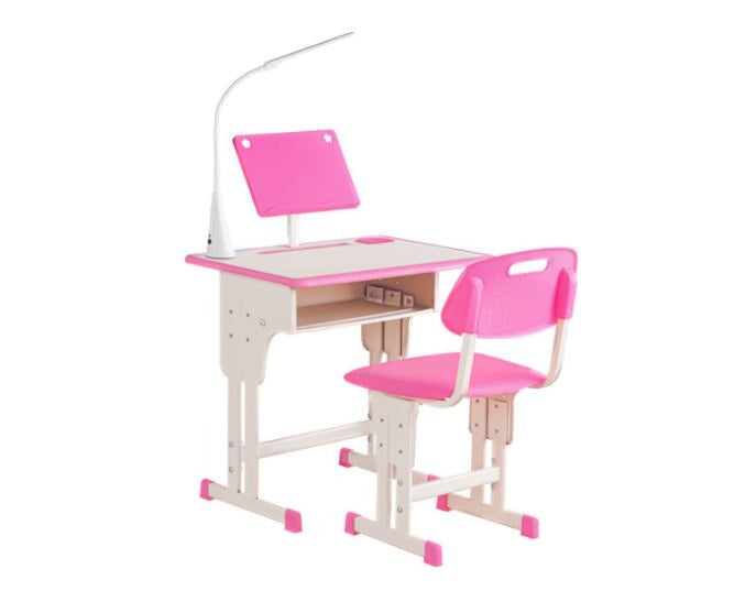 Children's Desk and Chair Set for 6-12 Years with LED Lamp, Bookstand, and Shelf, Desk with Chair for Kids in PP, Steel, and MDF, Pink