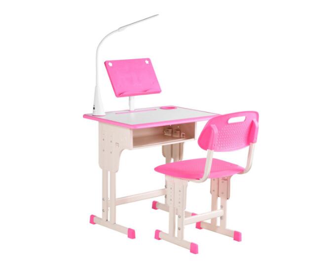 Children's Desk and Chair Set for 6-12 Years with LED Lamp, Bookstand, and Shelf, Desk with Chair for Kids in PP, Steel, and MDF, Pink
