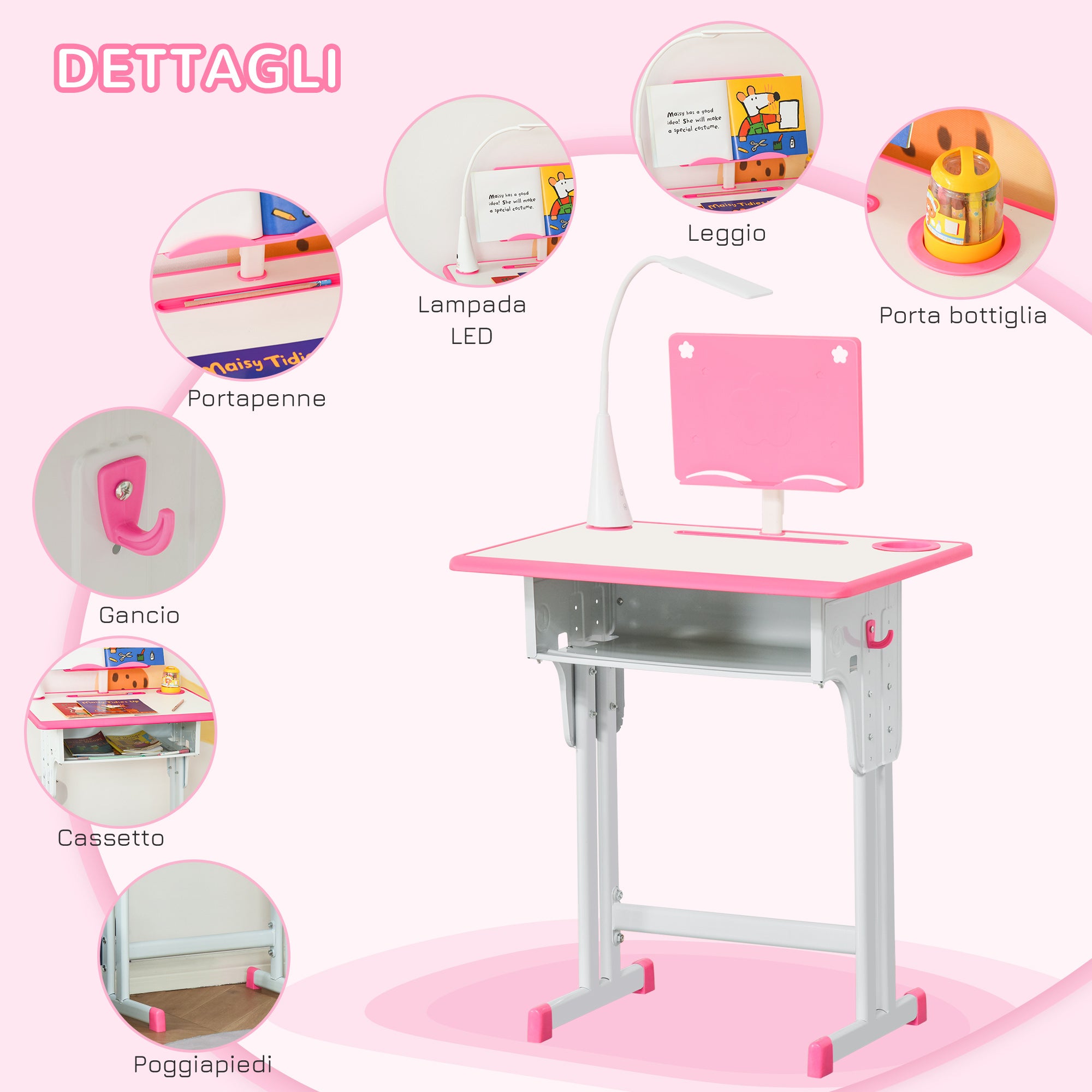 Children's Desk and Chair Set for 6-12 Years with LED Lamp, Bookstand, and Shelf, Desk with Chair for Kids in PP, Steel, and MDF, Pink