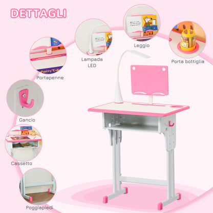 Children's Desk and Chair Set for 6-12 Years with LED Lamp, Bookstand, and Shelf, Desk with Chair for Kids in PP, Steel, and MDF, Pink