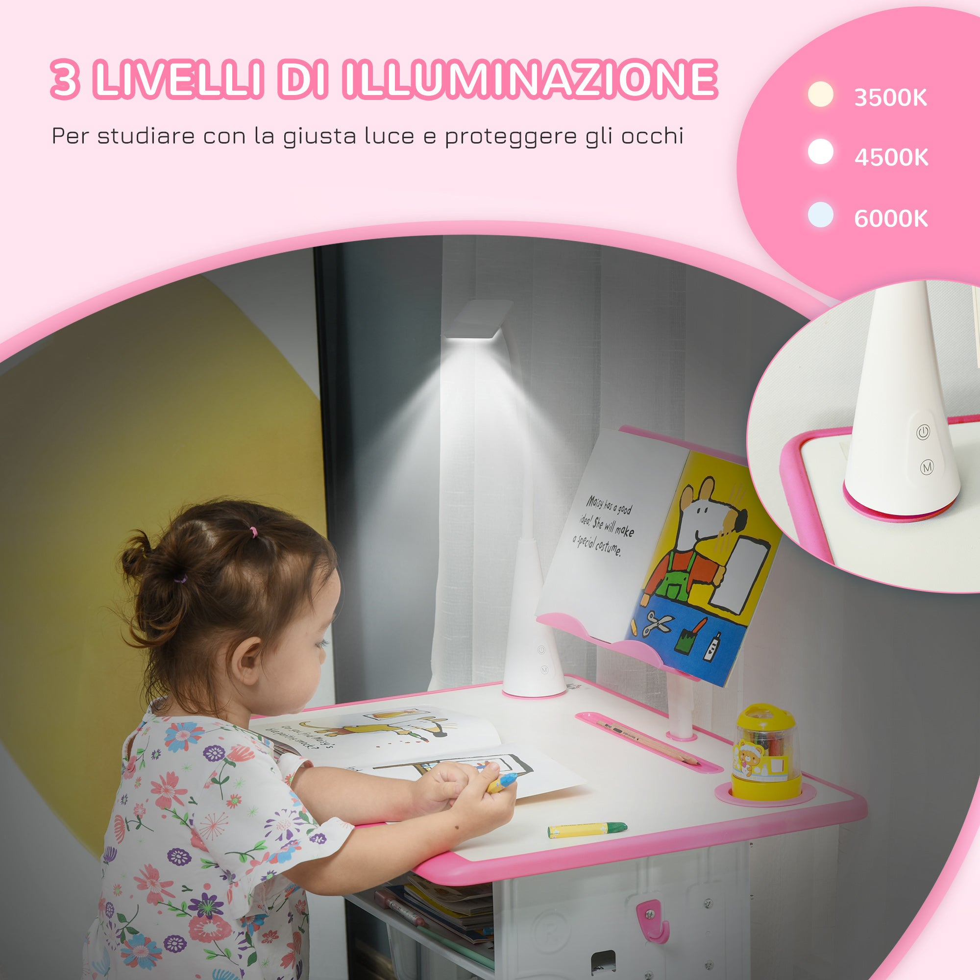 Children's Desk and Chair Set for 6-12 Years with LED Lamp, Bookstand, and Shelf, Desk with Chair for Kids in PP, Steel, and MDF, Pink