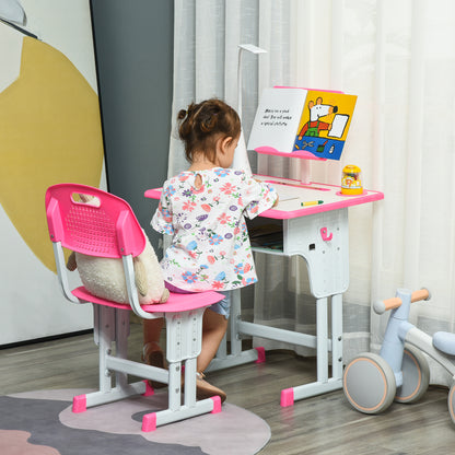 Children's Desk and Chair Set for 6-12 Years with LED Lamp, Bookstand, and Shelf, Desk with Chair for Kids in PP, Steel, and MDF, Pink