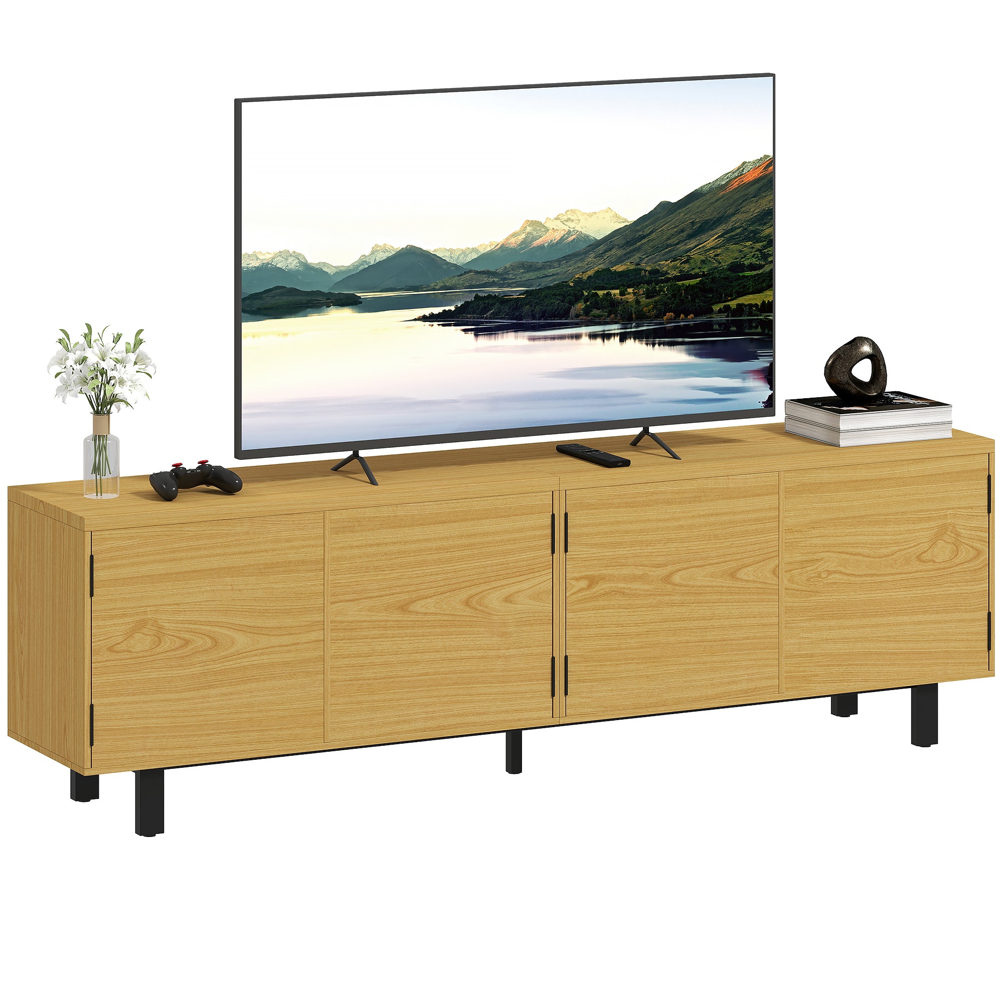 71 in (180 cm) TV Stand — Natural Wood Effect Cabinet for TVs up to 82 in, 4 Push-to-Open Doors