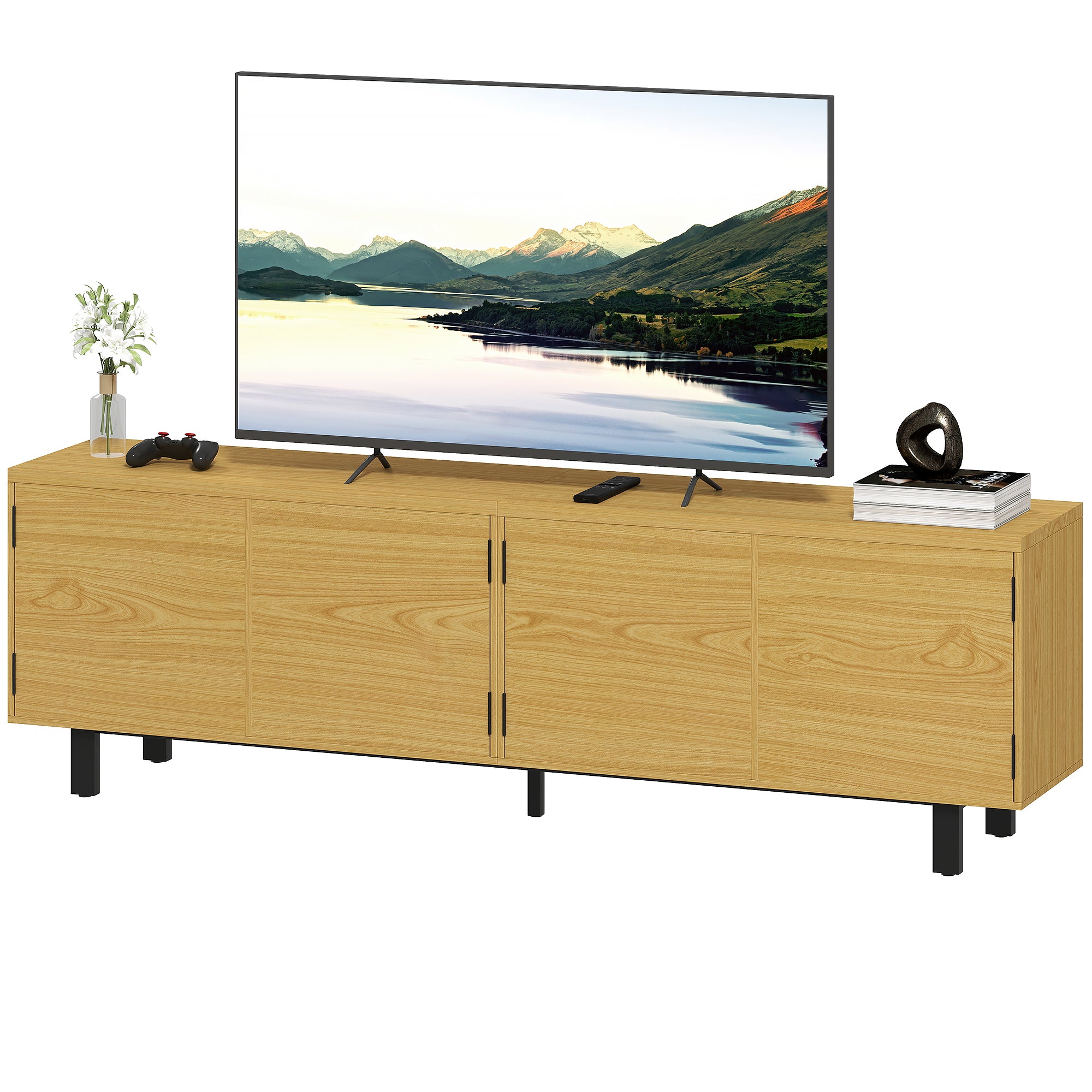 71 in (180 cm) TV Stand — Natural Wood Effect Cabinet for TVs up to 82 in, 4 Push-to-Open Doors