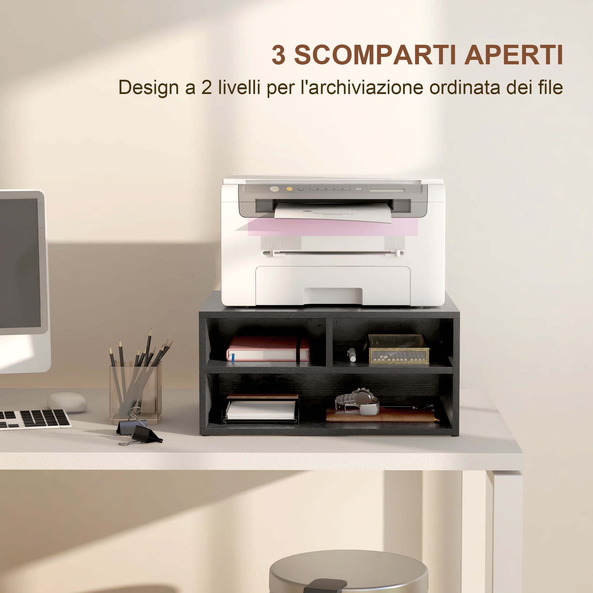Mobile Printer Stand with 3 Open Compartments, Printer Stand for Office and Compact Study Documents at 2 Levels, 47x40x22.5 cm, Black