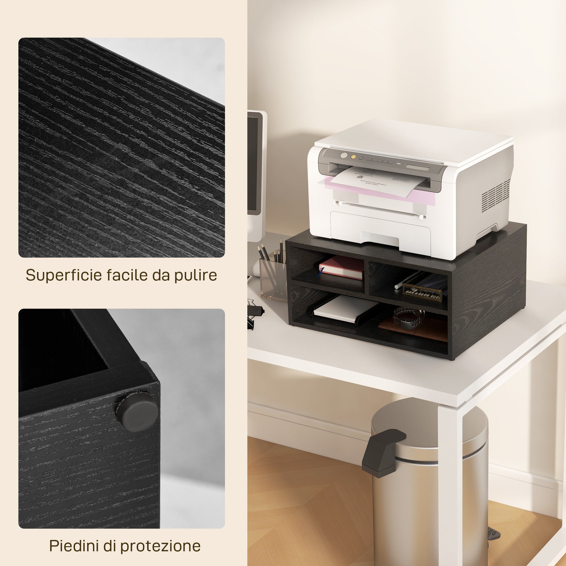 Mobile Printer Stand with 3 Open Compartments, Printer Stand for Office and Compact Study Documents at 2 Levels, 47x40x22.5 cm, Black