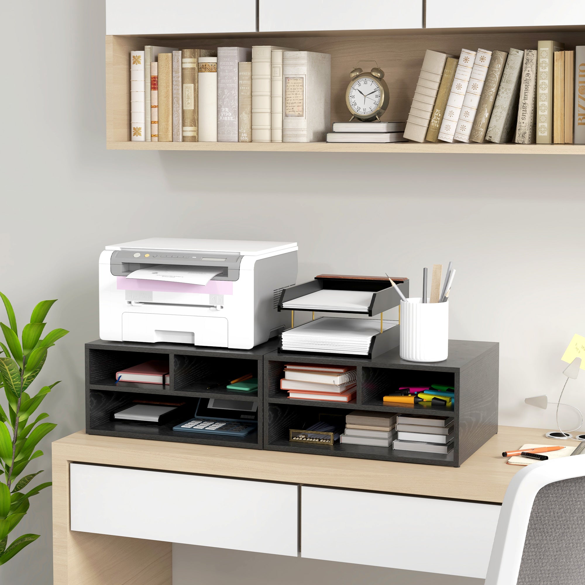 Mobile Printer Stand with 3 Open Compartments, Printer Stand for Office and Compact Study Documents at 2 Levels, 47x40x22.5 cm, Black