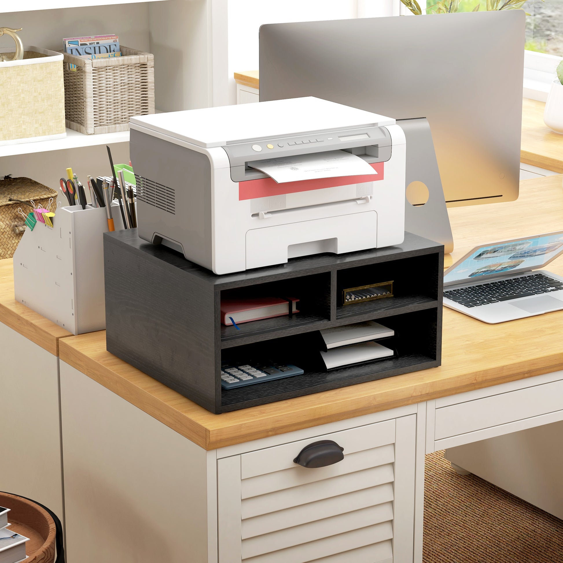 Mobile Printer Stand with 3 Open Compartments, Printer Stand for Office and Compact Study Documents at 2 Levels, 47x40x22.5 cm, Black