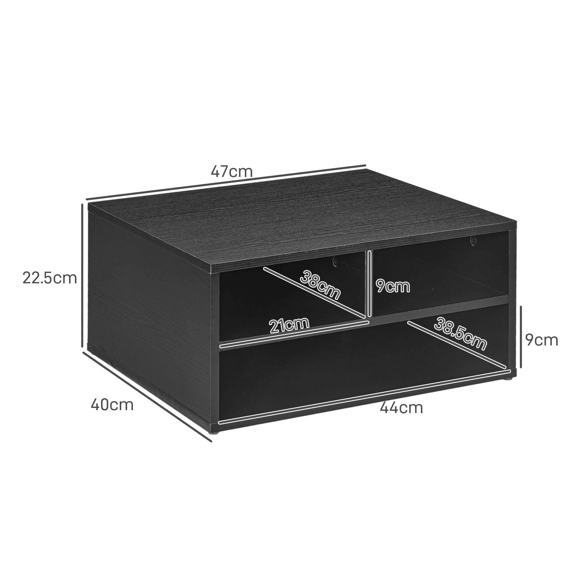 Mobile Printer Stand with 3 Open Compartments, Printer Stand for Office and Compact Study Documents at 2 Levels, 47x40x22.5 cm, Black