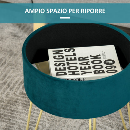 2-in-1 Storage Pouf with Stool and Coffee Table Function, Green Wood and Fabric, Metal with Gold Finish, 36x36x45cm