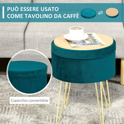 2-in-1 Storage Pouf with Stool and Coffee Table Function, Green Wood and Fabric, Metal with Gold Finish, 36x36x45cm