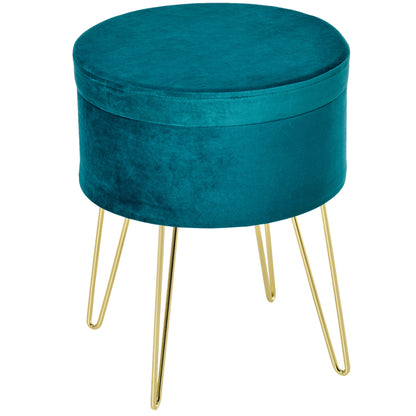 2-in-1 Storage Pouf with Stool and Coffee Table Function, Green Wood and Fabric, Metal with Gold Finish, 36x36x45cm