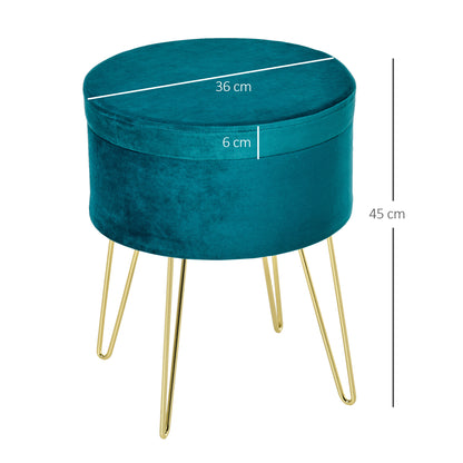 2-in-1 Storage Pouf with Stool and Coffee Table Function, Green Wood and Fabric, Metal with Gold Finish, 36x36x45cm