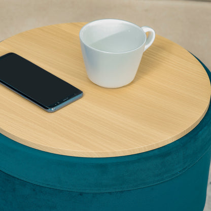 2-in-1 Storage Pouf with Stool and Coffee Table Function, Green Wood and Fabric, Metal with Gold Finish, 36x36x45cm