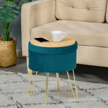 2-in-1 Storage Pouf with Stool and Coffee Table Function, Green Wood and Fabric, Metal with Gold Finish, 36x36x45cm
