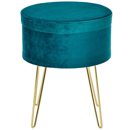 2-in-1 Storage Pouf with Stool and Coffee Table Function, Green Wood and Fabric, Metal with Gold Finish, 36x36x45cm