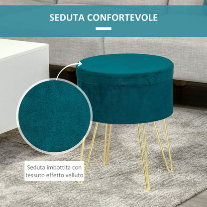 2-in-1 Storage Pouf with Stool and Coffee Table Function, Green Wood and Fabric, Metal with Gold Finish, 36x36x45cm