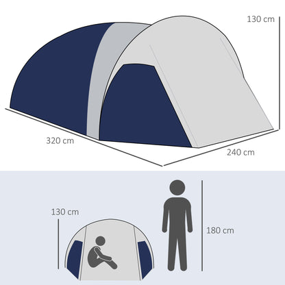 Lightweight Ventilated Dome Camping Tent for 3/4 People with Zippered Doors, Included Carrying Bag Oxford 320 x 240 x 130 cm Dark Blue Light Gray