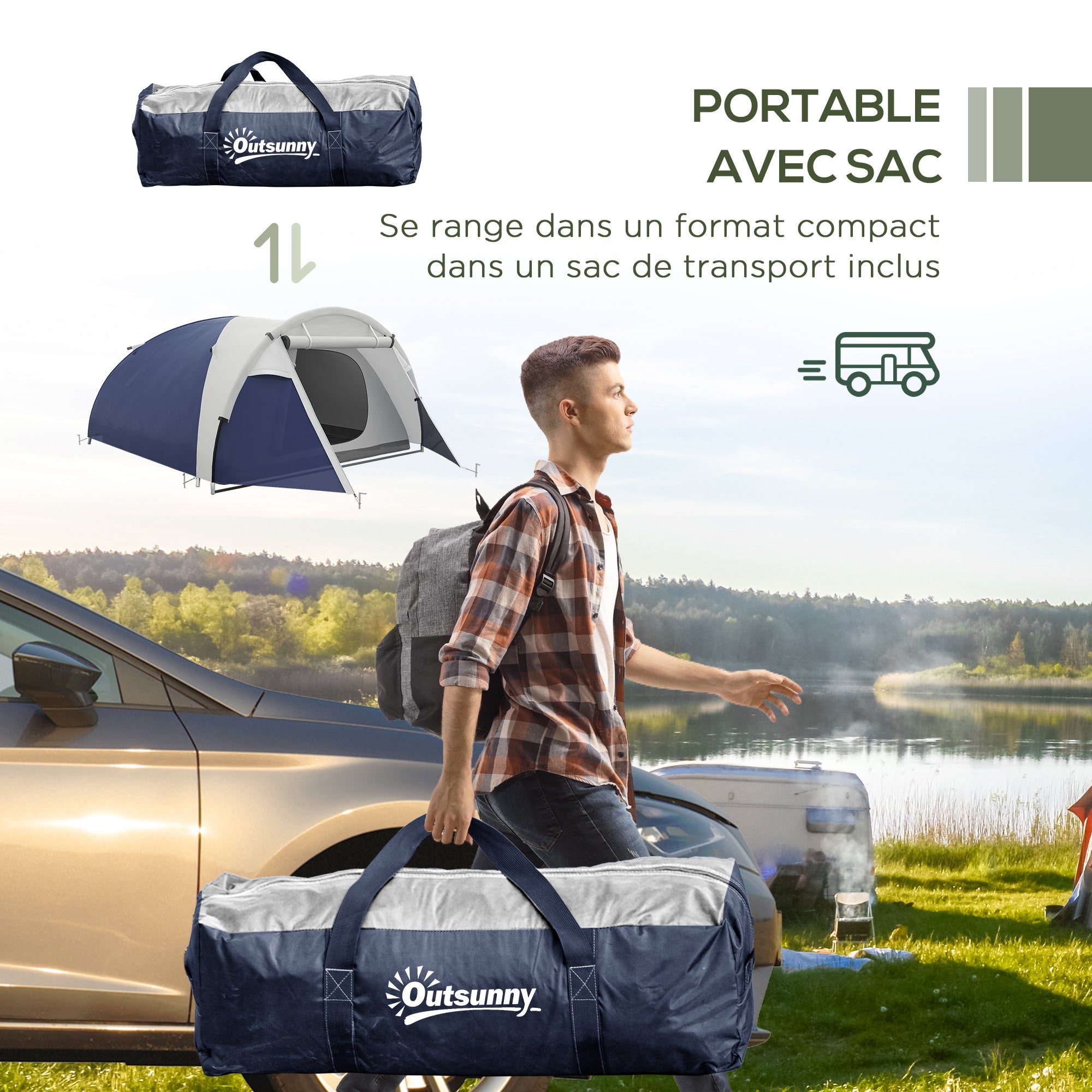 Lightweight Ventilated Dome Camping Tent for 3/4 People with Zippered Doors, Included Carrying Bag Oxford 320 x 240 x 130 cm Dark Blue Light Gray