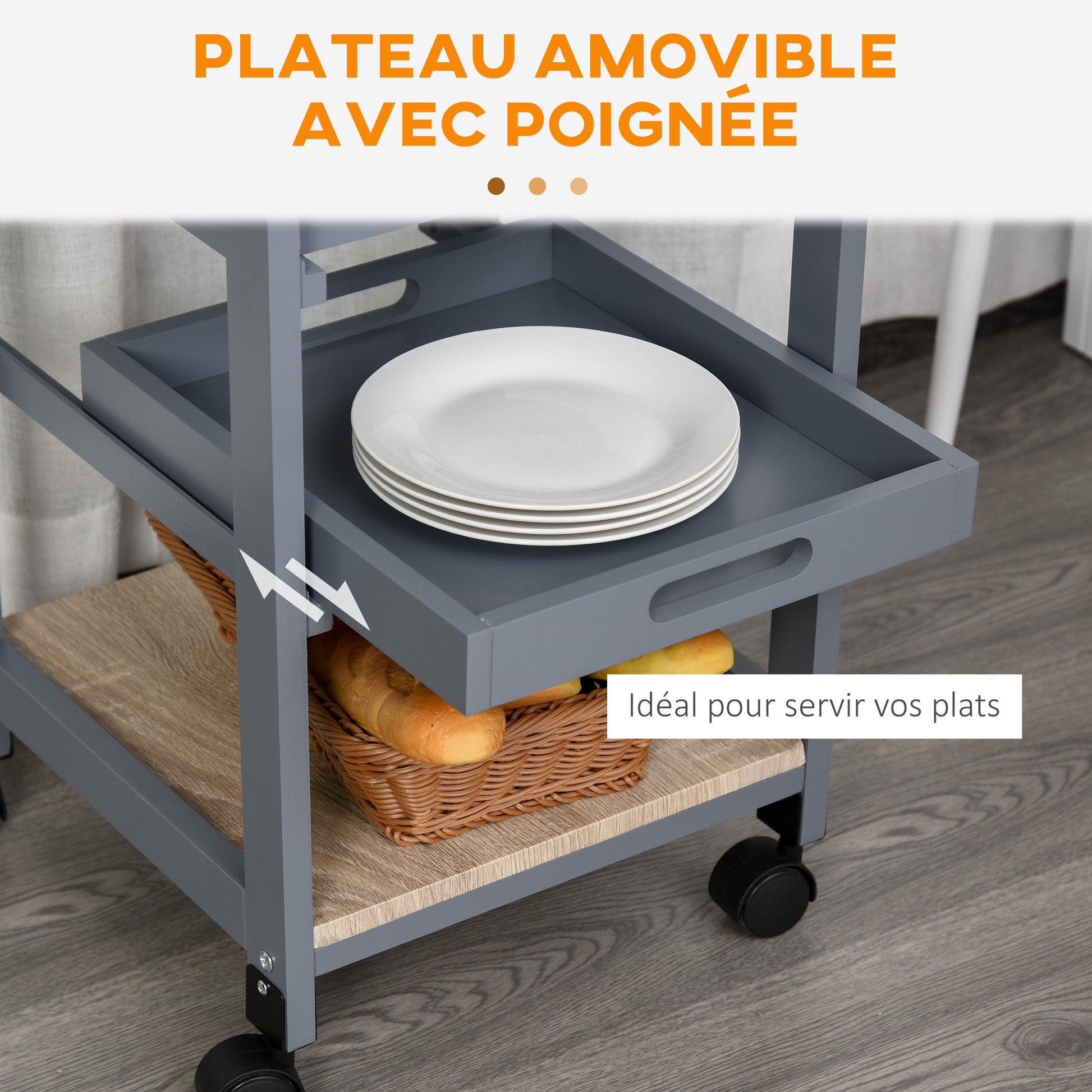 Kitchen Serving Trolley Cart on Wheels with Basket + 2 Removable Trays, Drawer, Shelf in Light Oak Wood and Gray Pine Wood