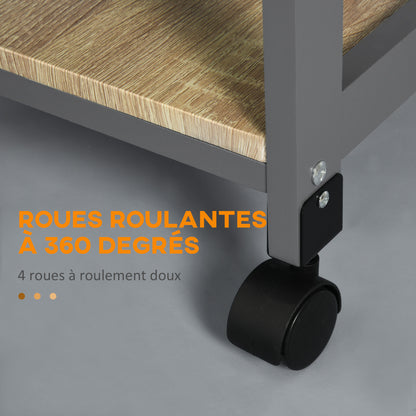 Kitchen Serving Trolley Cart on Wheels with Basket + 2 Removable Trays, Drawer, Shelf in Light Oak Wood and Gray Pine Wood