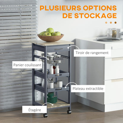 Kitchen Serving Trolley Cart on Wheels with Basket + 2 Removable Trays, Drawer, Shelf in Light Oak Wood and Gray Pine Wood