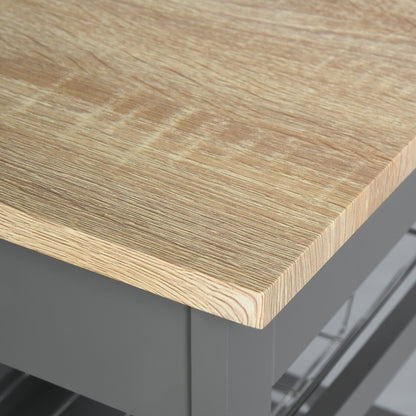 Kitchen Serving Trolley Cart on Wheels with Basket + 2 Removable Trays, Drawer, Shelf in Light Oak Wood and Gray Pine Wood