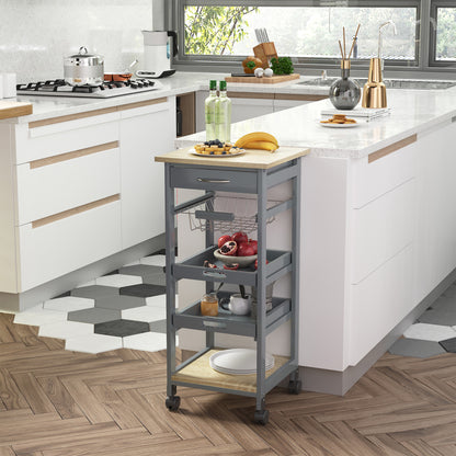 Kitchen Serving Trolley Cart on Wheels with Basket + 2 Removable Trays, Drawer, Shelf in Light Oak Wood and Gray Pine Wood