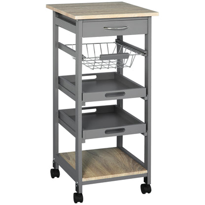 Kitchen Serving Trolley Cart on Wheels with Basket + 2 Removable Trays, Drawer, Shelf in Light Oak Wood and Gray Pine Wood