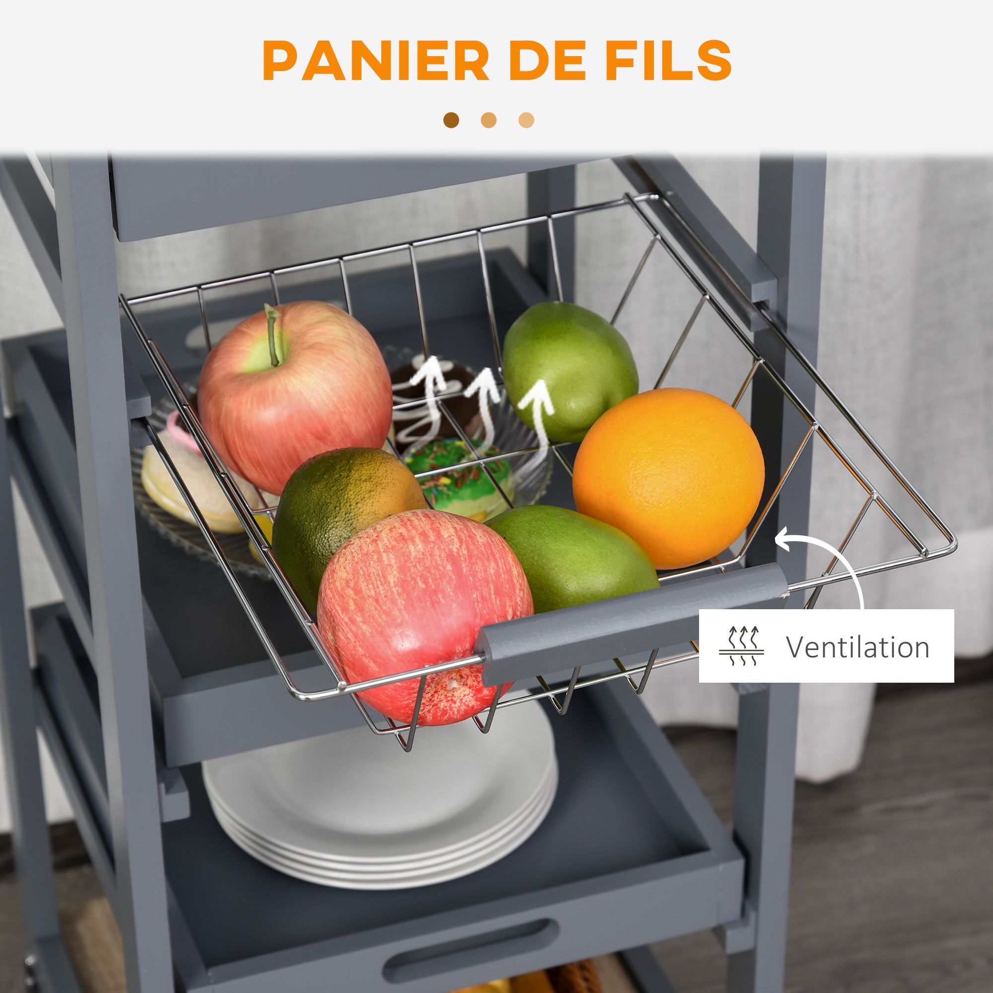 Kitchen Serving Trolley Cart on Wheels with Basket + 2 Removable Trays, Drawer, Shelf in Light Oak Wood and Gray Pine Wood