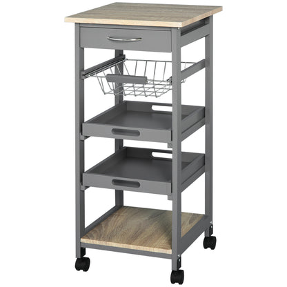 Kitchen Serving Trolley Cart on Wheels with Basket + 2 Removable Trays, Drawer, Shelf in Light Oak Wood and Gray Pine Wood
