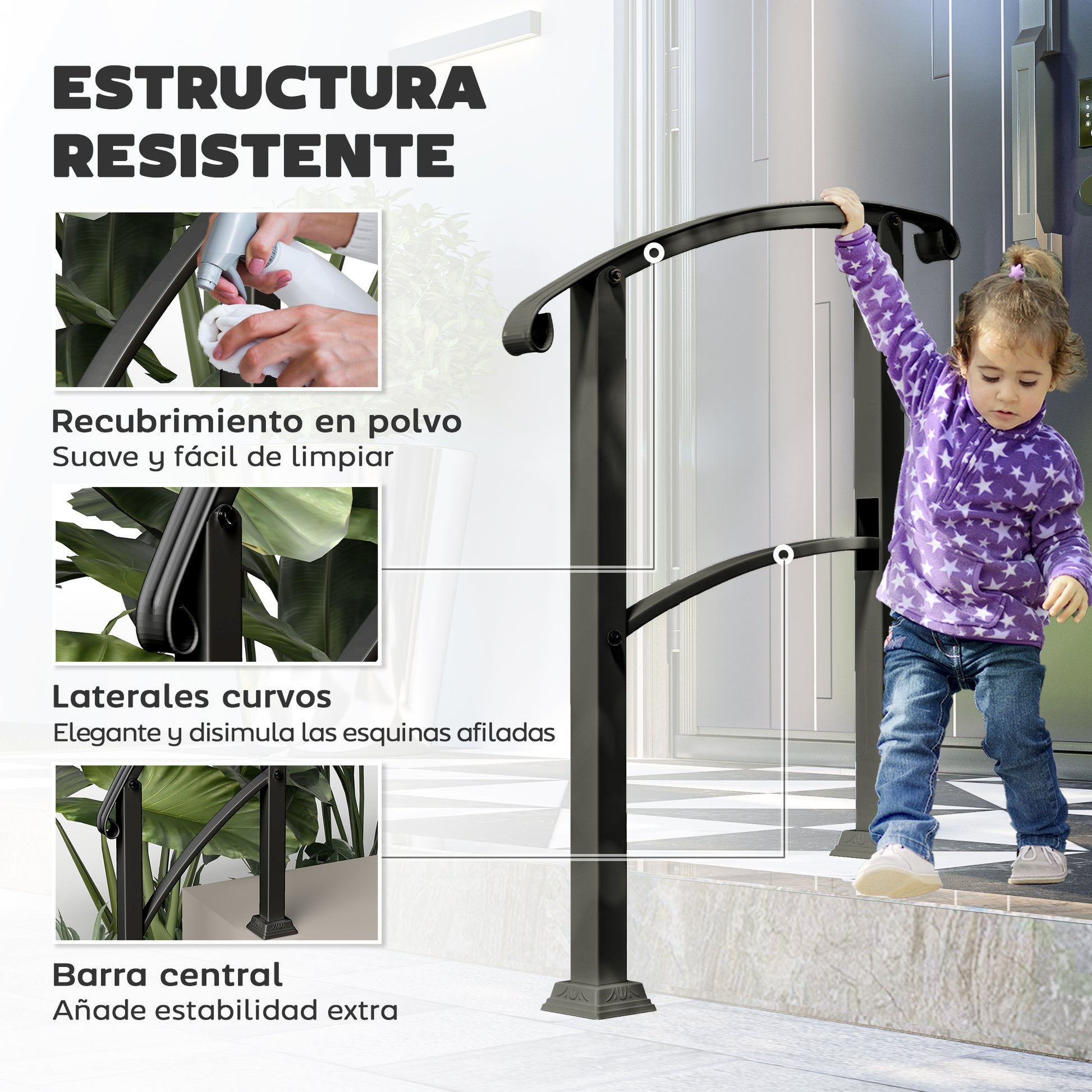 71 cm Stair Railing Handrail with Adjustable Angle Installation Kit for 1-3 Steps Outdoor Terrace Patio Black