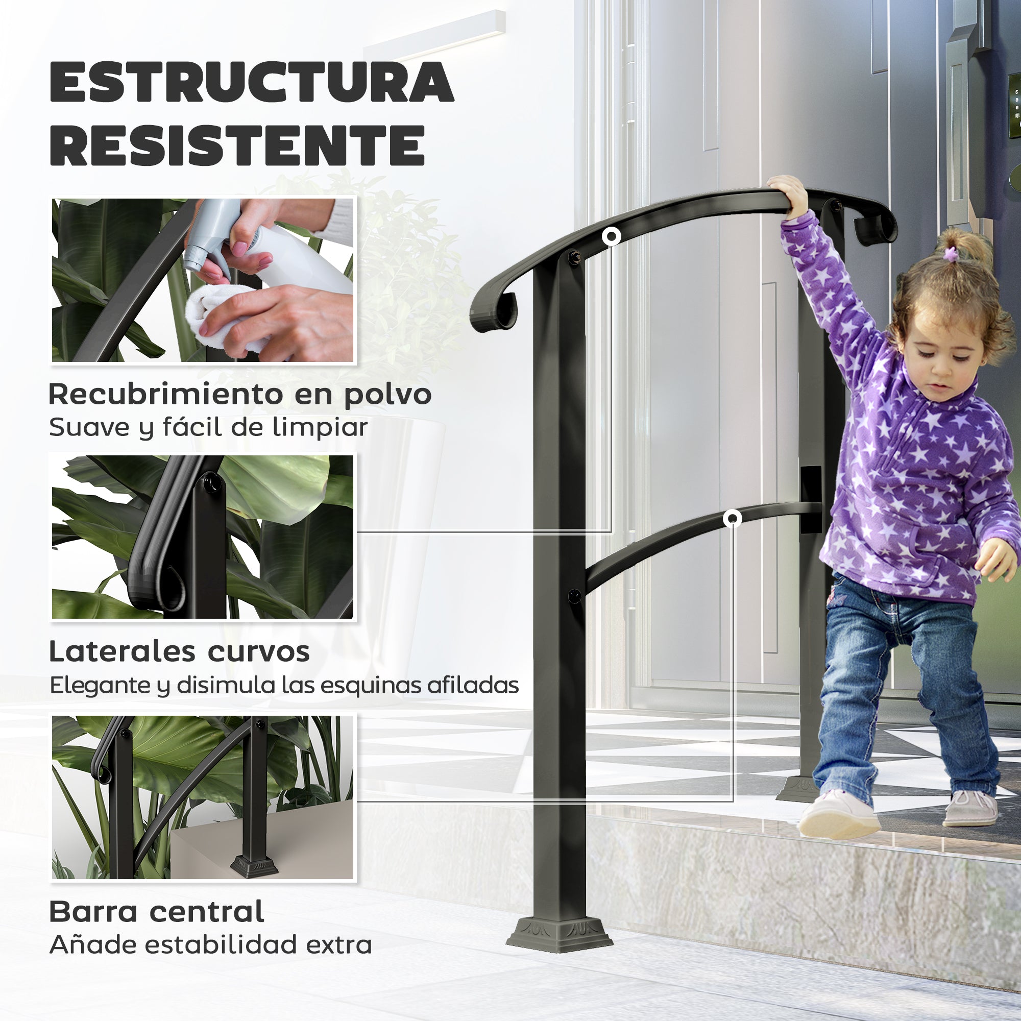 71 cm Stair Railing Handrail with Adjustable Angle Installation Kit for 1-3 Steps Outdoor Terrace Patio Black