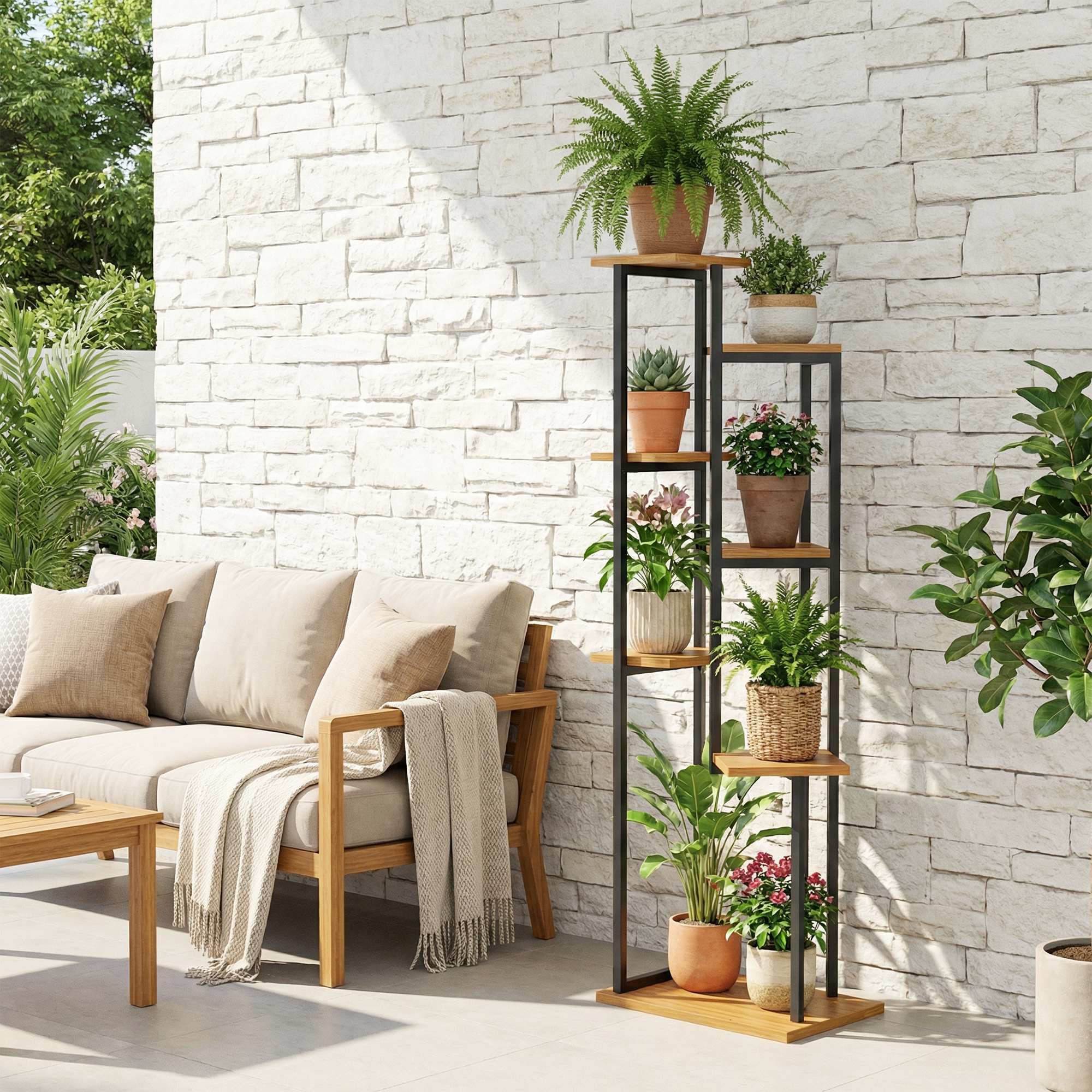 7-Tier Plant Stand, 51.2 in Tall Staggered Wooden & Steel Flower Shelf – Light Brown