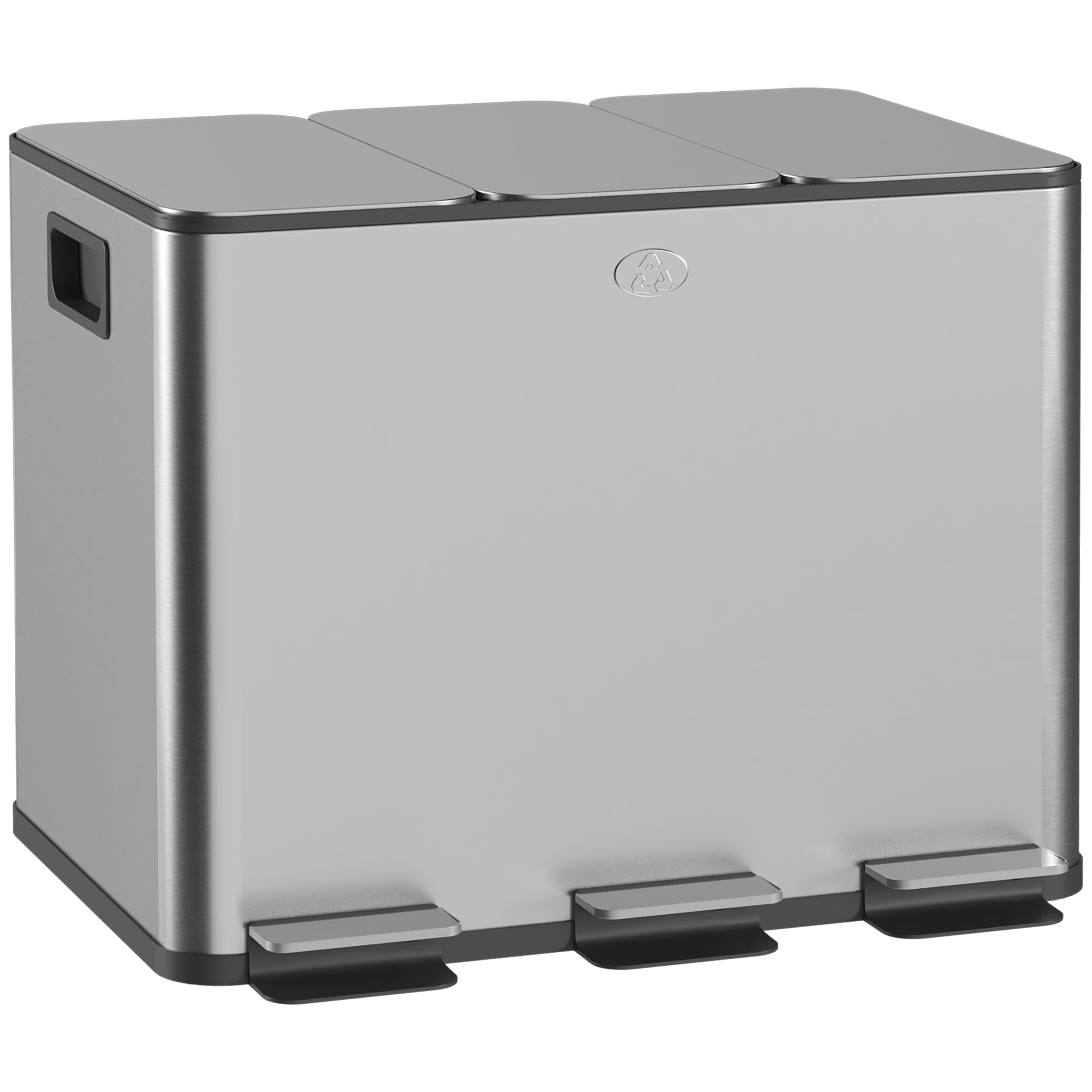 3 Compartment 20L Kitchen Pedal Bin with 3 Silent Closing Stainless Steel and PP Lids, 61.9x36.6x56.7 cm, Silver