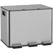 3 Compartment 20L Kitchen Pedal Bin with 3 Silent Closing Stainless Steel and PP Lids, 61.9x36.6x56.7 cm, Silver