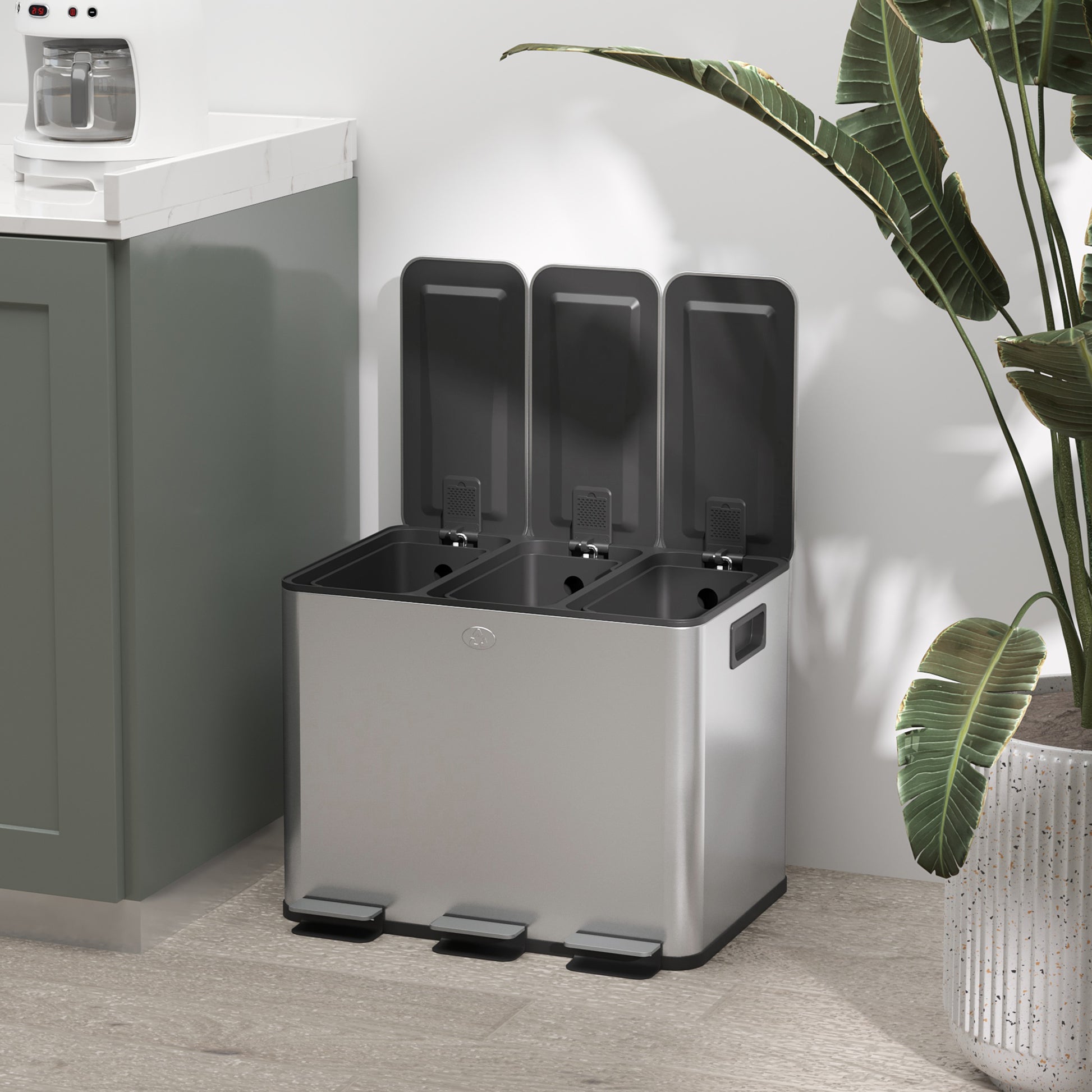 3 Compartment 20L Kitchen Pedal Bin with 3 Silent Closing Stainless Steel and PP Lids, 61.9x36.6x56.7 cm, Silver