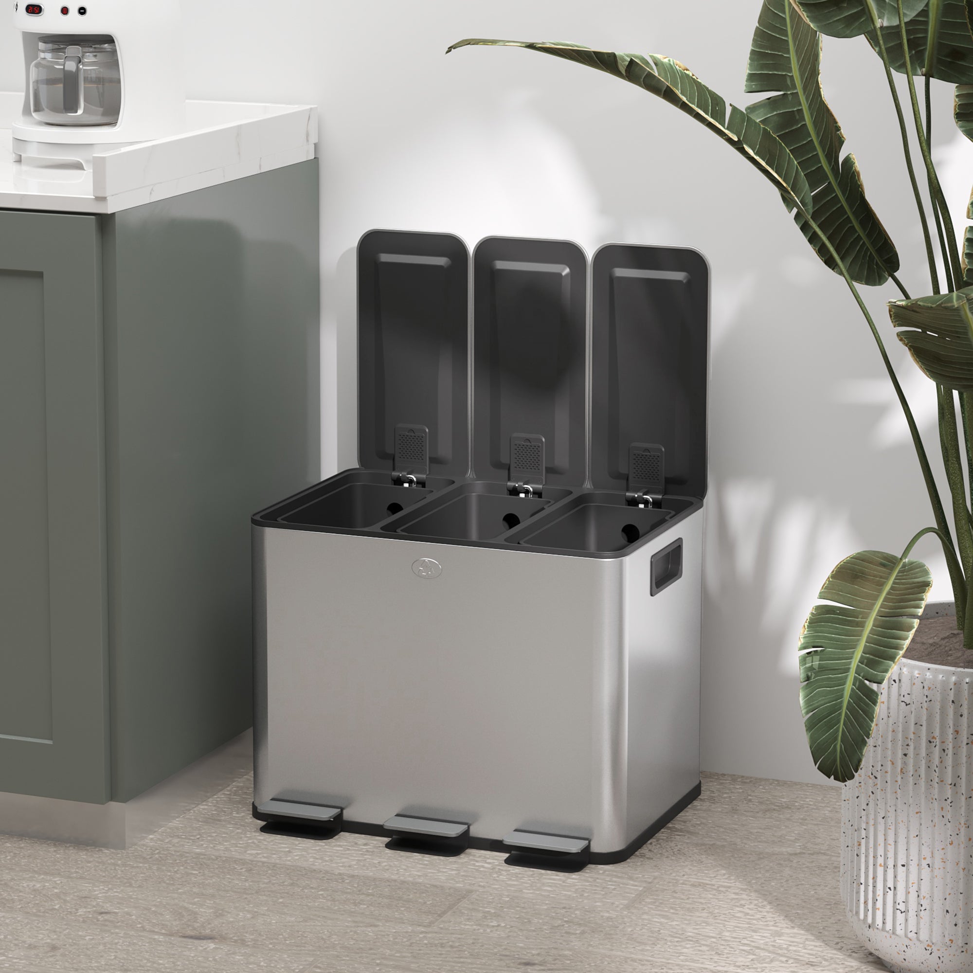 3 Compartment 20L Kitchen Pedal Bin with 3 Silent Closing Stainless Steel and PP Lids, 61.9x36.6x56.7 cm, Silver