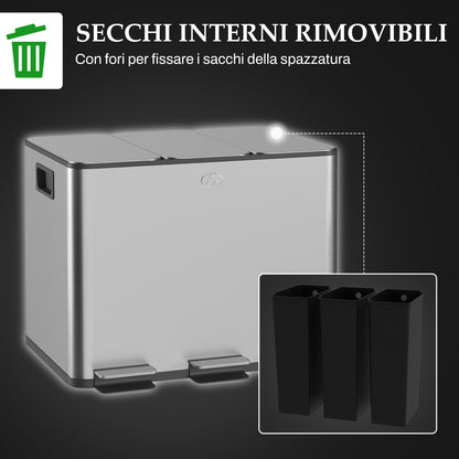 3 Compartment 20L Kitchen Pedal Bin with 3 Silent Closing Stainless Steel and PP Lids, 61.9x36.6x56.7 cm, Silver