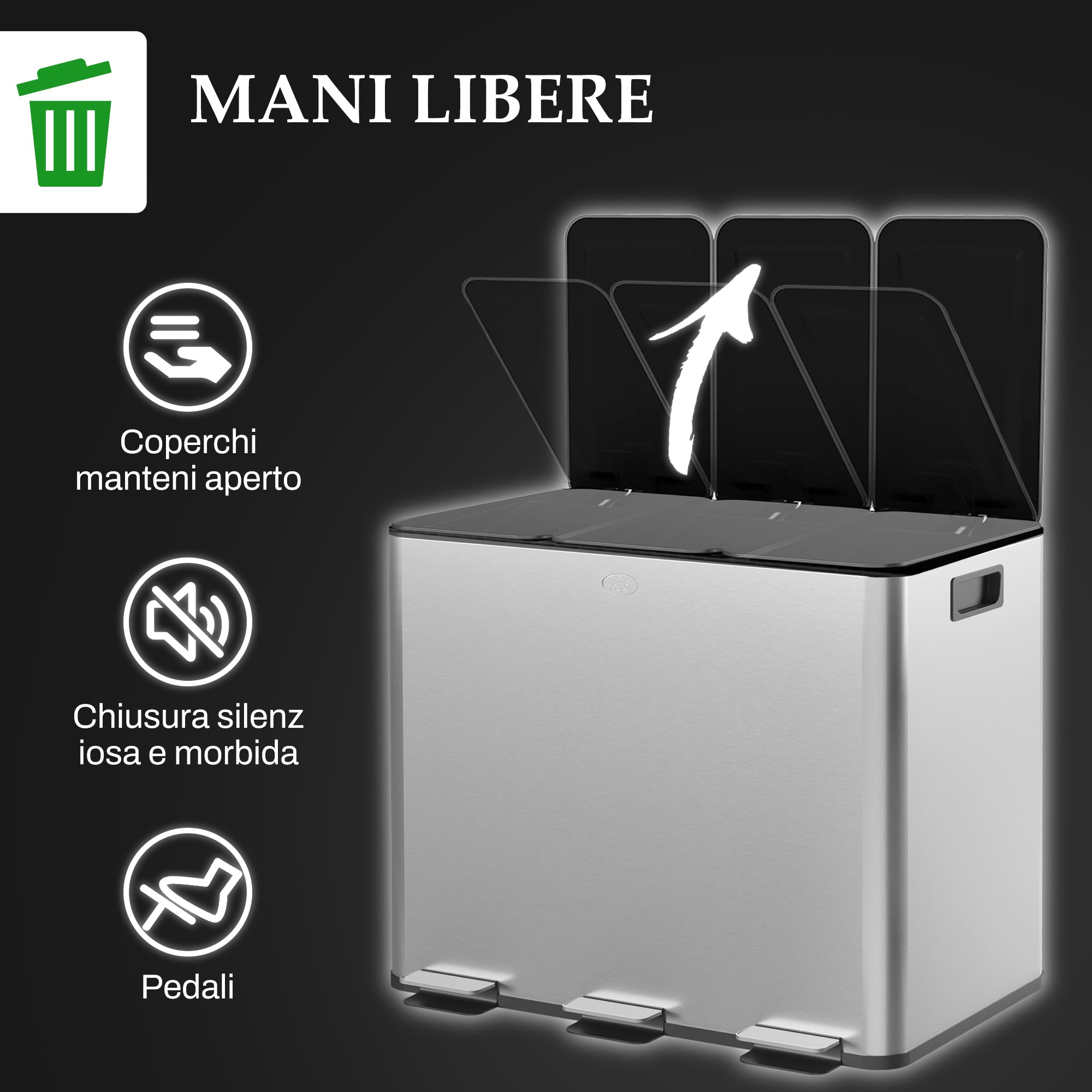 3 Compartment 20L Kitchen Pedal Bin with 3 Silent Closing Stainless Steel and PP Lids, 61.9x36.6x56.7 cm, Silver
