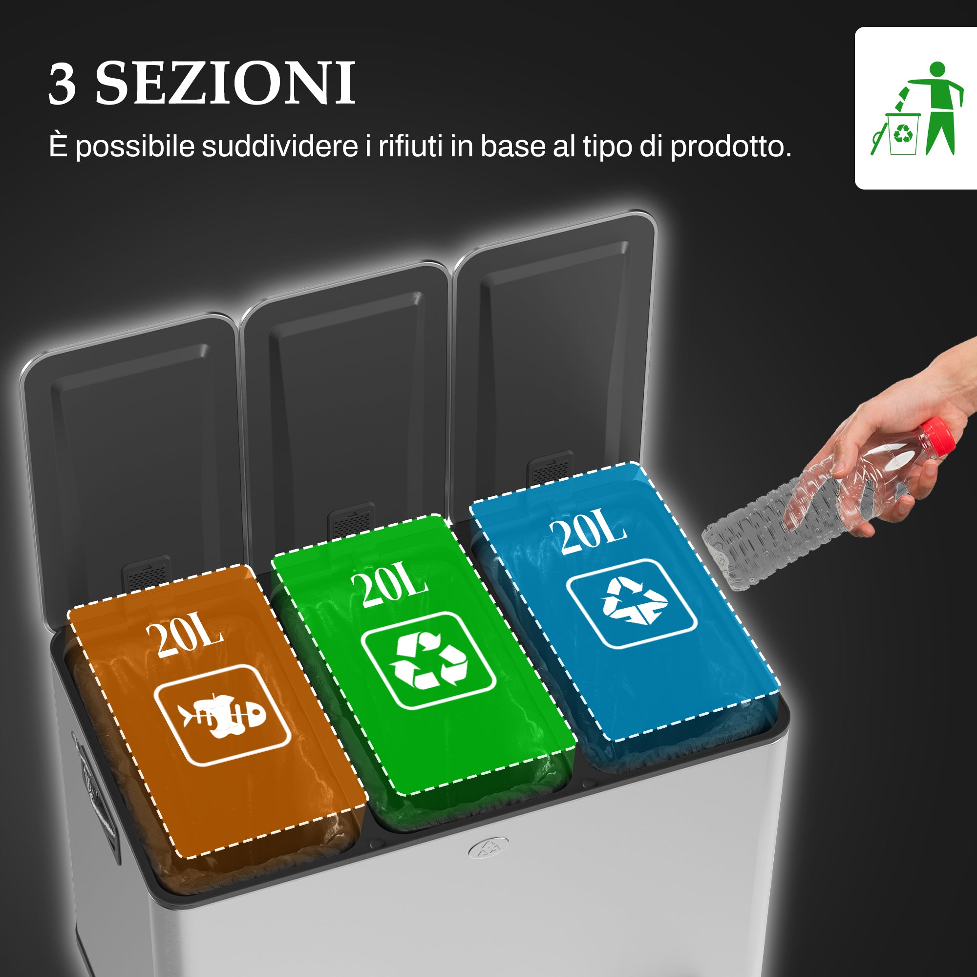 3 Compartment 20L Kitchen Pedal Bin with 3 Silent Closing Stainless Steel and PP Lids, 61.9x36.6x56.7 cm, Silver
