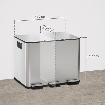 3 Compartment 20L Kitchen Pedal Bin with 3 Silent Closing Stainless Steel and PP Lids, 61.9x36.6x56.7 cm, Silver