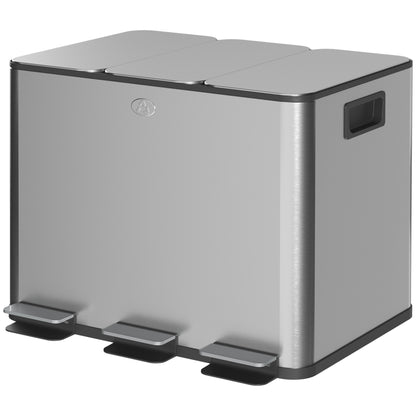 3 Compartment 20L Kitchen Pedal Bin with 3 Silent Closing Stainless Steel and PP Lids, 61.9x36.6x56.7 cm, Silver