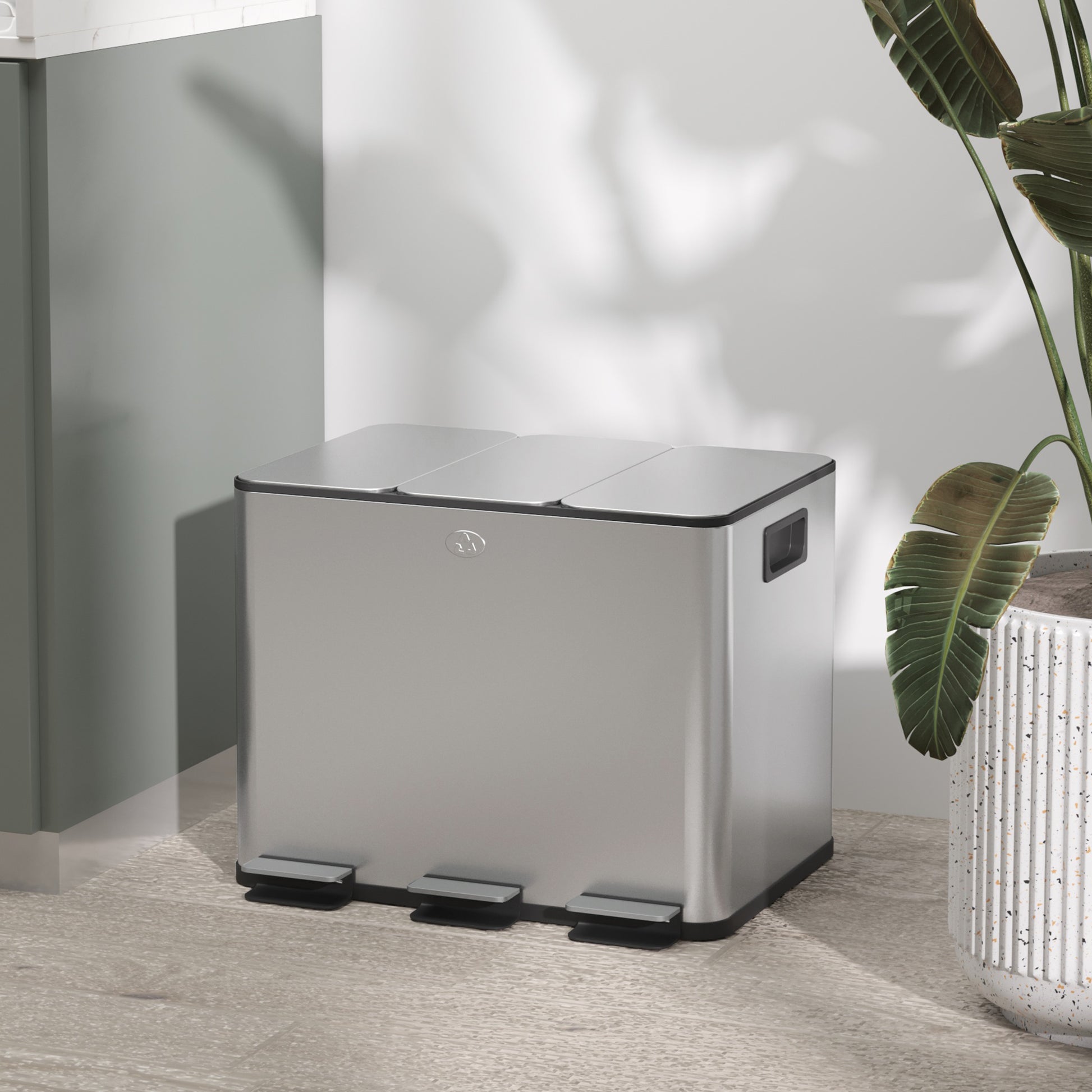 3 Compartment 20L Kitchen Pedal Bin with 3 Silent Closing Stainless Steel and PP Lids, 61.9x36.6x56.7 cm, Silver